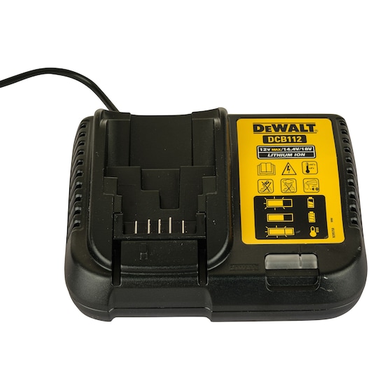 A DEWALT DCB112 lithium-ion battery charger with a black and yellow design. The charger is shown with a power cord and various icons and instructions on the yellow label.