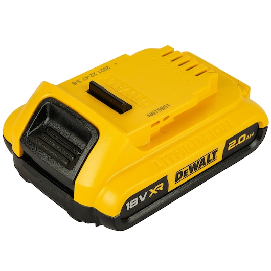 A close-up image of a DEWALT 18V XR 2.0Ah lithium-ion battery pack, primarily yellow and black in color, used for power tools.