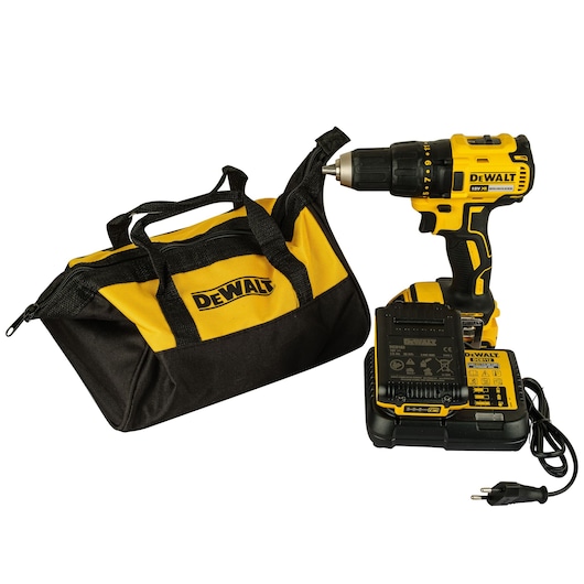 A set of DEWALT tools including a yellow and black cordless drill, a matching soft carrying bag, a battery, and a charger with a power cord, displayed on a white background.