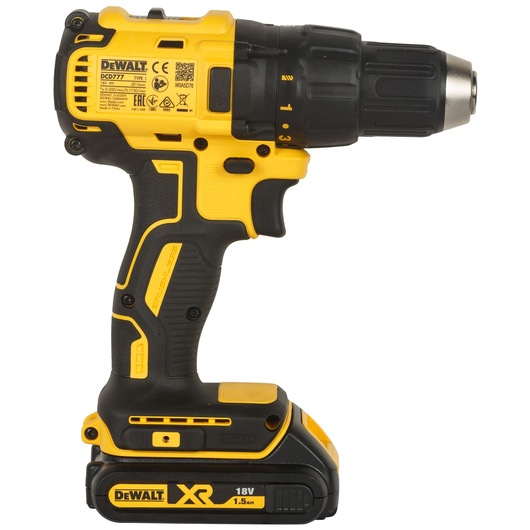A DEWALT cordless drill, model DCD777S2T-QW, shown upright with a yellow and black design. The drill features a rechargeable 18V XR lithium-ion battery attached at the base.