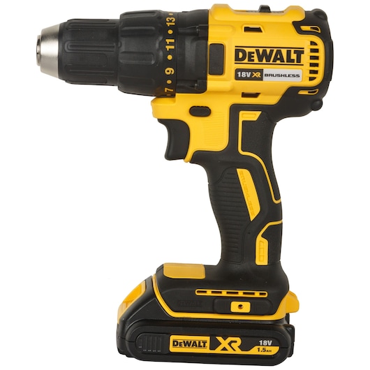 A DEWALT 18V XR brushless cordless power drill with a black and yellow design and visible battery pack.