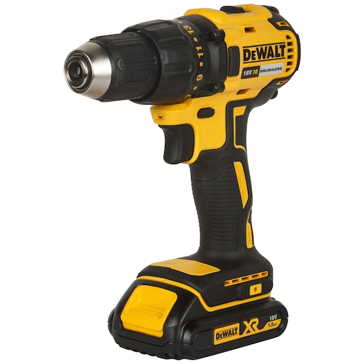 A DEWALT 18V XR brushless cordless drill with yellow and black casing, ergonomic handle, and rechargeable battery pack attached at the base.