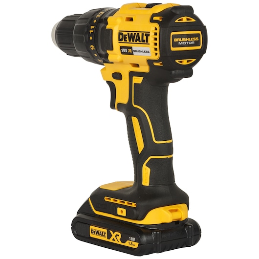 A DEWALT 18V XR brushless cordless drill with a black and yellow design, featuring a 1.5Ah battery attached at the bottom.