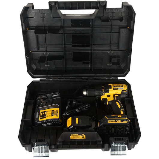 A DEWALT cordless drill kit with a yellow and black drill, battery, charger, and accessories neatly arranged inside a black hard plastic carrying case.