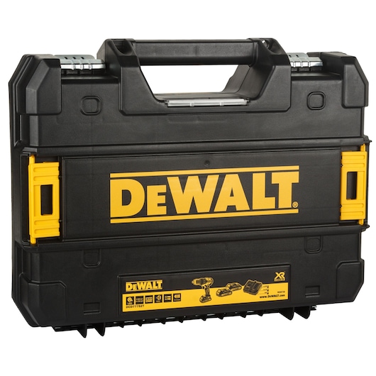 A black and yellow DEWALT branded hard plastic carrying case with a sturdy handle, shown closed. The case features the DEWALT logo prominently in large letters and has a label at the bottom displaying product details and illustrations of tools.
