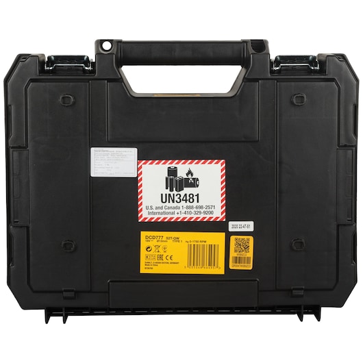 Black DEWALT carrying case with a handle, featuring a UN3481 lithium battery warning label and product information for model DCD777S2T-QW.