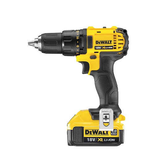 A yellow and black cordless DEWALT drill, model DCD780M2, featuring an 18V XR Li-Ion battery with a pistol grip design.