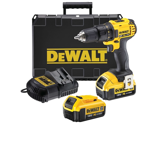 DEWALT cordless drill set including an 18V XR Li-Ion drill, two rechargeable batteries, a battery charger, and a hard carrying case.