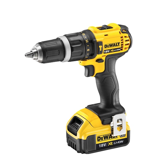 A yellow and black DEWALT cordless drill, model DCD785M2, with an 18V XR Li-Ion battery attached. The drill is shown on a white background.