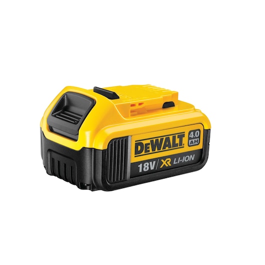 A DEWALT 18V XR Li-Ion rechargeable battery with a capacity of 4.0 Ah, featuring a yellow and black casing.