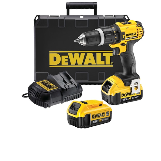 DEWALT cordless drill set including an 18V XR Li-Ion drill, two rechargeable batteries, a battery charger, and a black carrying case.