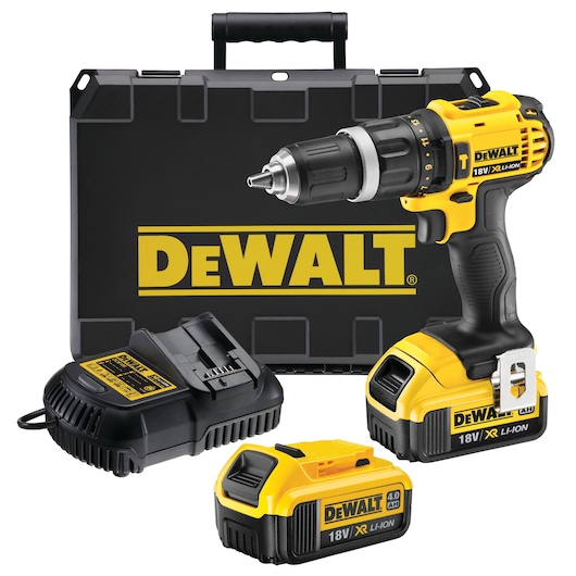 A DEWALT cordless drill kit including an 18V XR Li-Ion drill, two batteries, a charger, and a black carrying case with the DEWALT logo.