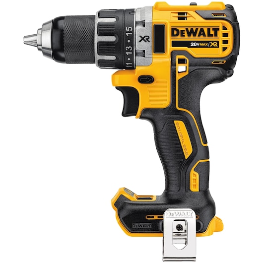 A DEWALT 20V Max XR cordless drill driver with a black and yellow design, ergonomic grip, and metal belt clip.