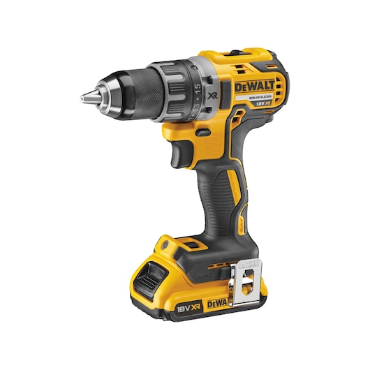 A DEWALT cordless drill, yellow and black in color, with an ergonomic handle and an 18V XR battery attached, photographed against a white background.