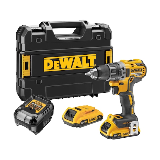 A DEWALT cordless drill kit including a yellow and black cordless drill, two rechargeable battery packs, a charger, and a carrying case with the DEWALT logo.