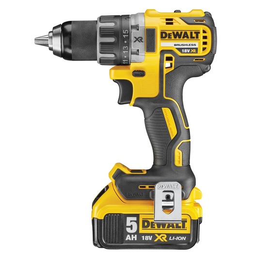 A DEWALT DCD791P2 cordless brushless drill with a yellow and black design, featuring an 18V XR Li-Ion 5AH battery attached.