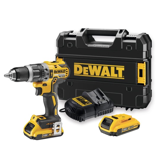 DEWALT cordless drill set including a yellow and black 18V brushless drill, battery charger, two batteries, and a hard carrying case.