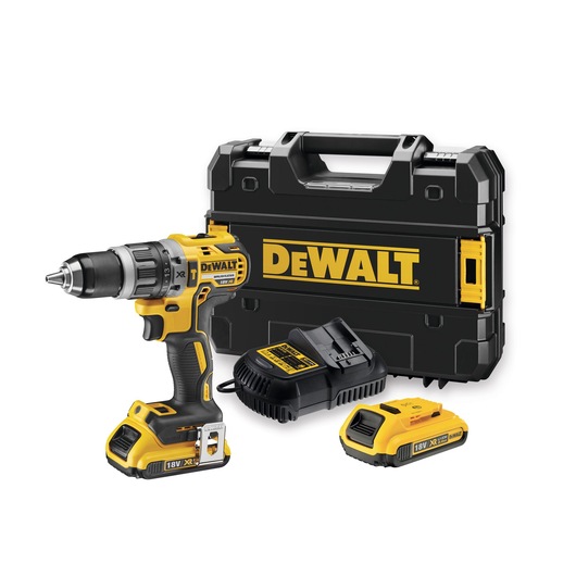 A DEWALT cordless drill kit including a yellow and black power drill, a charger, two 18V batteries, and a hard carrying case with the DEWALT logo.