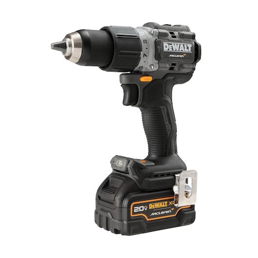 A DEWALT cordless power drill with McLaren branding, featuring a 20V lithium battery and a compact ergonomic design.