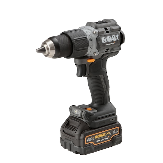 A DEWALT cordless power drill with a black and gray body, orange accents, and '20V DEWALT XR 5Ah' branding on the battery pack. The model shown is McLaren edition.