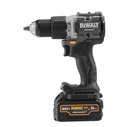 Cordless DEWALT drill driver with 20V XR 5Ah battery and McLaren branding, shown upright on a white background.