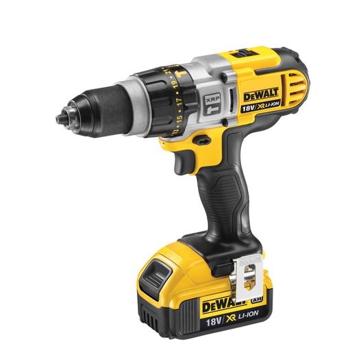 A DEWALT 18V XR Li-Ion cordless drill with a black and yellow design, featuring a sturdy grip and a metal belt clip.