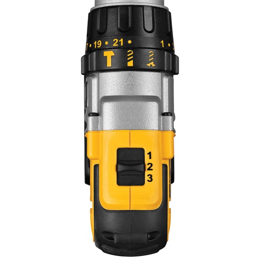 Close-up view of a DEWALT power drill showing the adjustable torque settings, speed selector with numbers 1, 2, and 3, and part of the drill body in yellow and black colors.