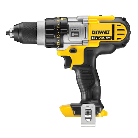 A DEWALT 18V XR Li-Ion cordless drill with a black and yellow body, ergonomic grip, and adjustable settings on the front.