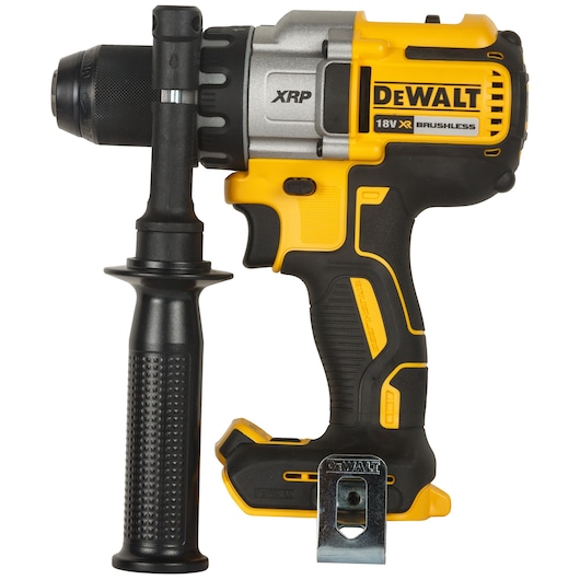 A DEWALT DCD991NT 18V XR brushless cordless drill with a detachable side handle, featuring a yellow and black design.