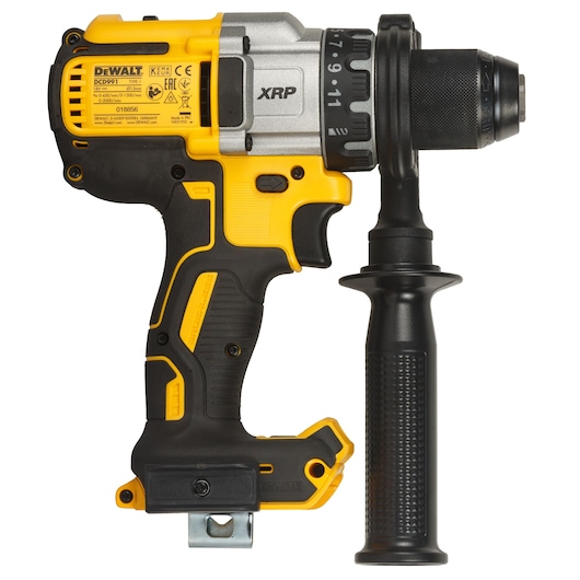 A DEWALT DCD991NT cordless power drill with an auxiliary side handle, shown from the side against a white background. The tool features yellow and black colors and has clear model information printed near the top.