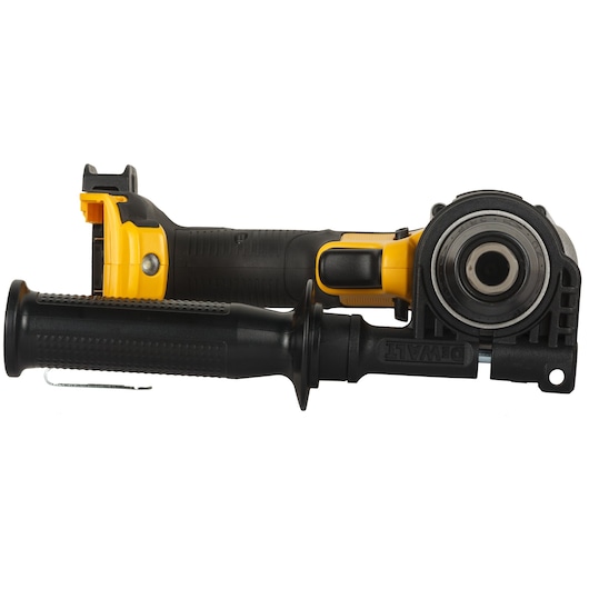 A close-up image of a DEWALT cordless power tool, showing the side handle and main body with a yellow and black design. The tool is positioned horizontally with a visible attachment point and grip.