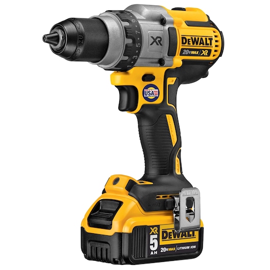Cordless yellow and black DEWALT power drill with a 20V Max XR lithium-ion battery, featuring a textured grip handle and a metal belt clip.