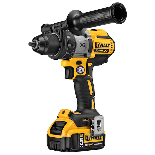 A DEWALT 20V MAX XR cordless power drill with a detachable side handle and a 5Ah lithium-ion battery, shown in yellow and black colors.