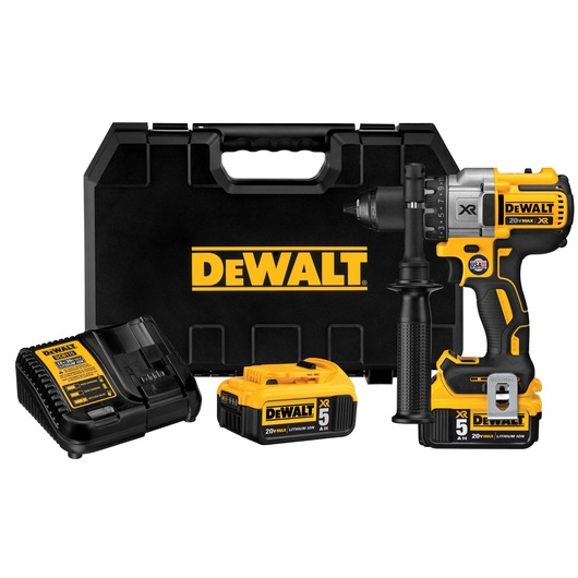 A DEWALT cordless drill kit, including a black carrying case with the DEWALT logo, a yellow and black cordless drill, two batteries, and a battery charger.