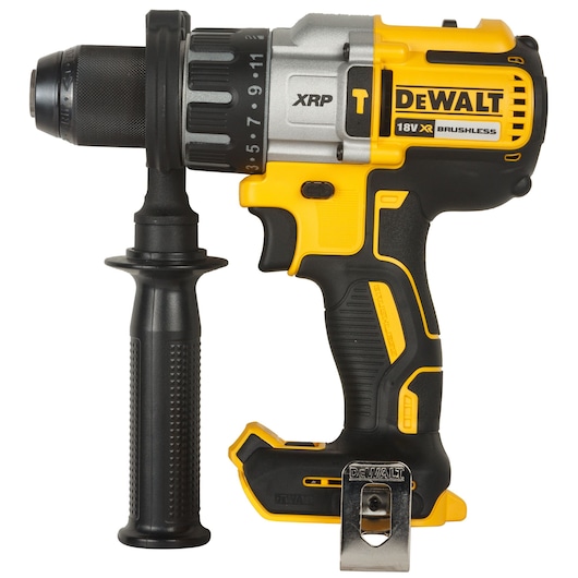 A DEWALT cordless brushless drill, model DCD996NT, with a black and yellow body and a side handle.