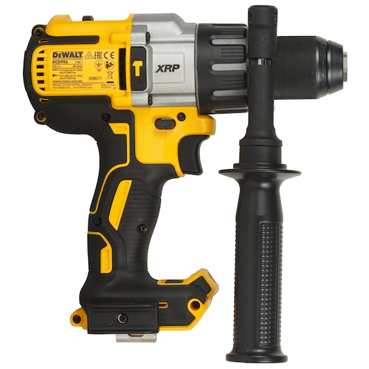 A DEWALT DCD996NT cordless hammer drill with a side handle, showing its black and yellow design and labeling.