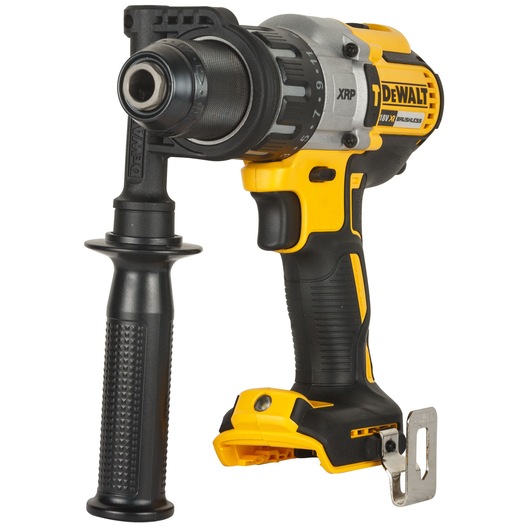 A DEWALT cordless brushless power drill, model DCD996NT, with a side handle attachment and a yellow and black design.