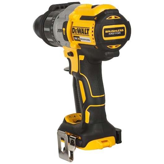 A DEWALT 18V XR brushless cordless drill driver with black and yellow casing, featuring ergonomic grip and a metal belt clip.