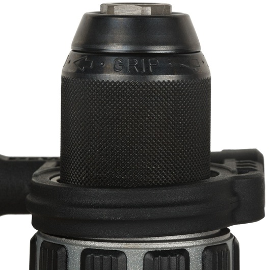 Close-up of the chuck on a DEWALT power drill, showing textured grip and directional arrows for tightening and loosening.