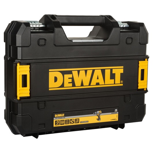 A DEWALT branded black and yellow hard plastic carrying case for tools, with a handle and secure locks.