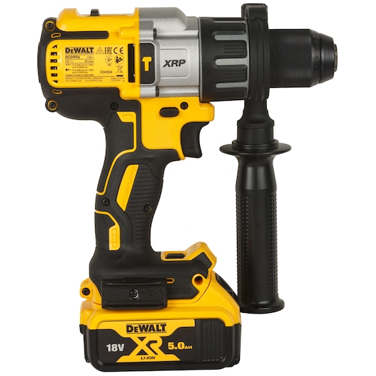A DEWALT cordless power drill with an 18V XR lithium-ion battery and a side handle, shown in yellow and black color.