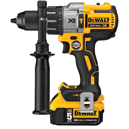 A DEWALT 20V MAX XR cordless drill with a detachable side handle, brushless motor, and a 5Ah lithium-ion battery. The tool is yellow and black with prominent DEWALT branding.