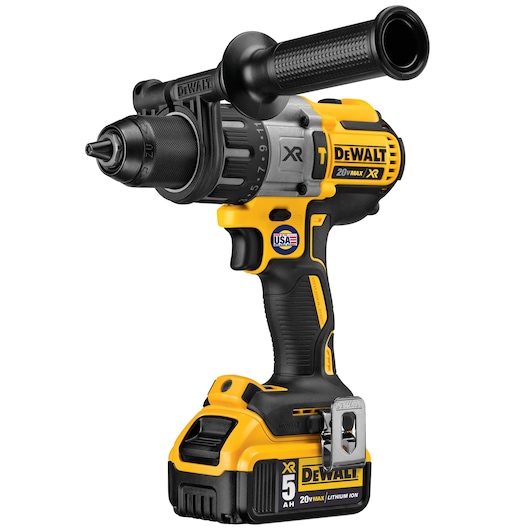 A DeWalt DCD996P2 20V Max XR cordless power drill with a side handle, yellow and black design, 5Ah lithium-ion battery, and branding labels visible.