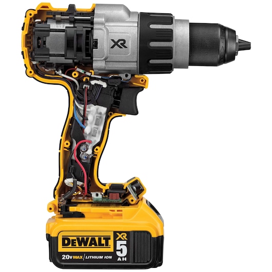 Cutaway view of a DEWALT 20V Max XR cordless drill showing internal components such as wiring, battery, motor, and circuitry, with half of the outer yellow casing removed for detailed display.