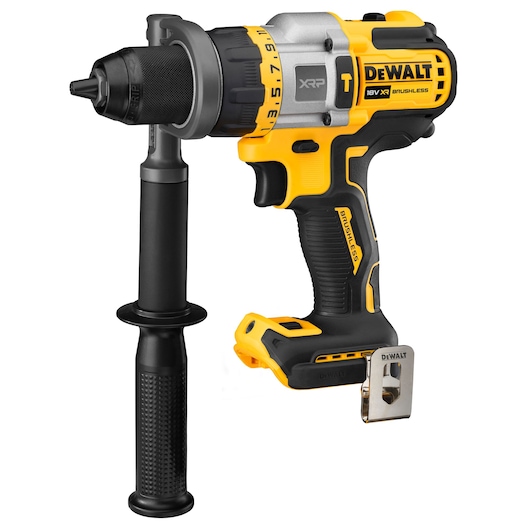 A DEWALT cordless drill, model DCD999NT, designed for professional use. The drill has a yellow and black body, a metal side handle for extra grip, and a brushless motor for high performance.