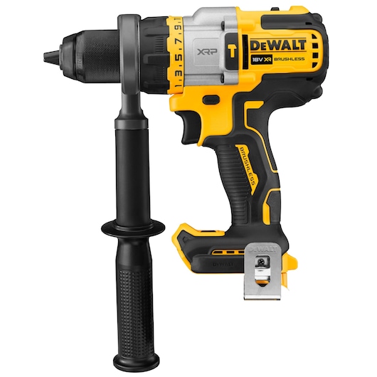 A DEWALT 18V XR brushless cordless drill driver with a side handle, shown in yellow and black colors. The model SKU is DCD999NT.