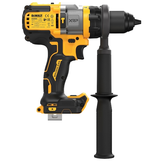 A DEWALT DCD999 cordless brushless drill with a side handle. The drill is yellow and black, featuring labeled details and a sturdy design for professional use.