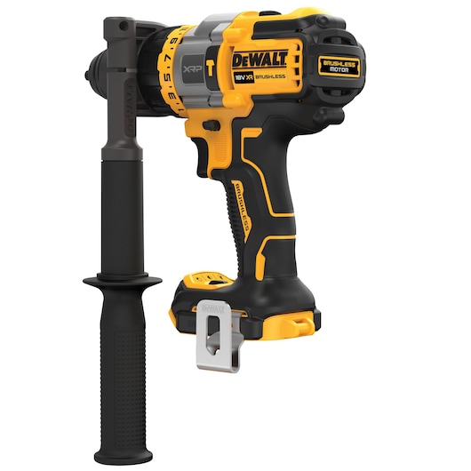 A DEWALT 18V XR brushless cordless drill with a side handle and metal belt clip, shown in black and yellow colors.