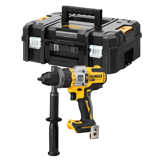 A DEWALT cordless drill with a side handle attachment and a hard plastic carrying case, both in black and yellow.