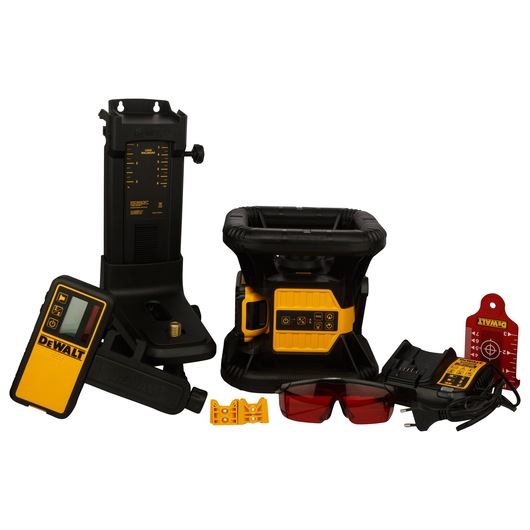 DEWALT laser level kit including a laser receiver, main laser unit, mounting bracket, red safety glasses, battery charger, target card, and other accessories, all displayed on a white background.